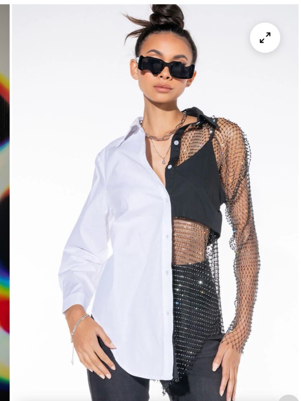 Akira sz L Bite Me Half Rhinestone Top Mesh Poplin Long Sleeve